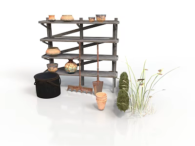 Rustic Wooden Shelf With Terracotta Pots Garden Tools And Green Plants 3d model