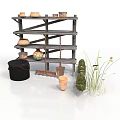 Rustic Wooden Shelf With Terracotta Pots Garden Tools And Green Plants