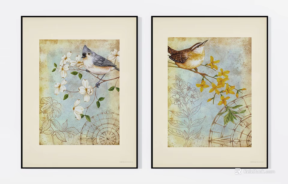 Decorative Wall Art Prints Featuring Birds White And Yellow Flowers With Intricate Patterns 3d model 