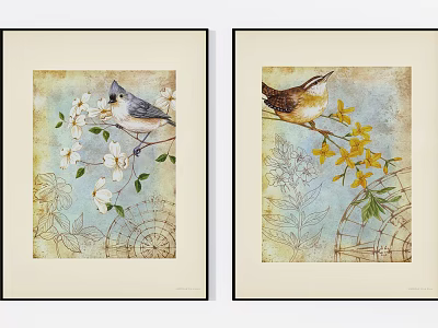 Decorative Wall Art Prints Featuring Birds White And Yellow Flowers With Intricate Patterns 3d model