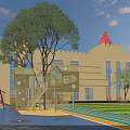 Yellow Castle Style Kindergarten School Building With Red Spire Playground Colorful Ground And Trees