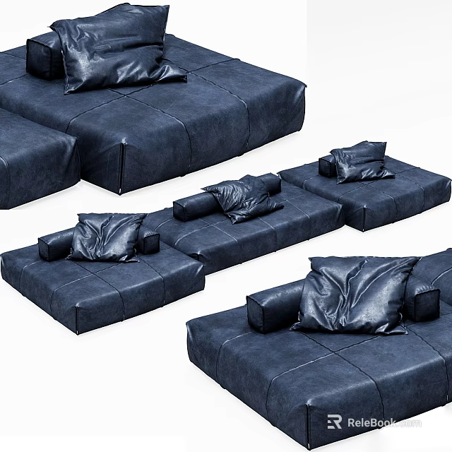 Navy Blue Leather Outdoor Sofa With Modular Design And Comfortable Cushions 3d model