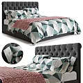 Double Bed With Geometric Pattern Bedding And Pillows Pink Blanket Dark Gray Tufted Headboard 3d model