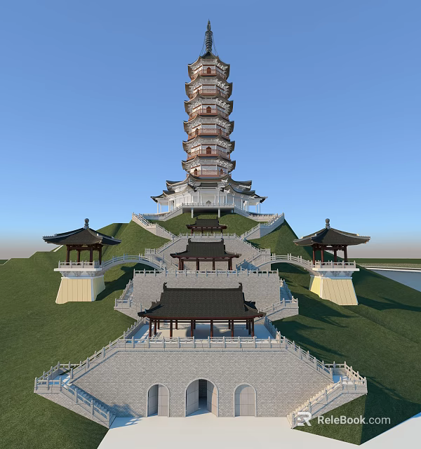 Traditional Chinese Pagoda with Multiple Tiers Green Hills Pavilions and Stone Steps 3d model 