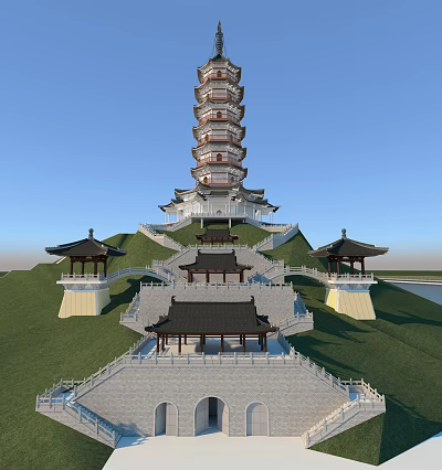 Traditional Chinese Pagoda with Multiple Tiers Green Hills Pavilions and Stone Steps 3d model