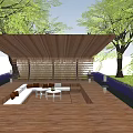 Modern Wooden Pergola With Latticed Roof And Seating Area Surrounded By Green Trees