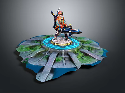Game Movie Character Standing on Circular Platform With Green Rock Blue Base Armor and Weapon 3d model