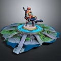 Game Movie Character Standing on Circular Platform With Green Rock Blue Base Armor and Weapon