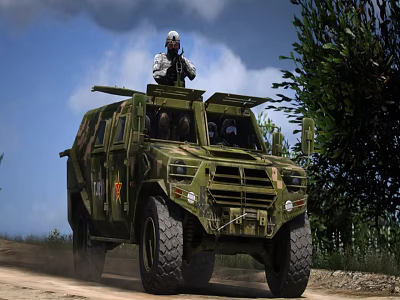Military Functional Vehicle Carrying Soldiers Driving on Dirt Road in Off-Road Terrain 3d model