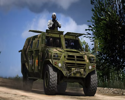 Military Functional Vehicle Carrying Soldiers Driving on Dirt Road in Off-Road Terrain 3d model