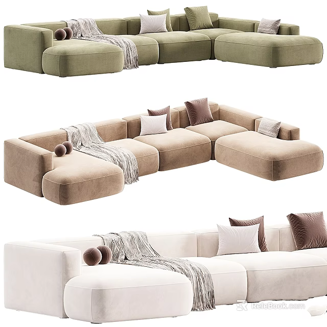 Stylish Sectional Sofas In Various Colors With Decorative Pillows And Soft Blankets 3d model 