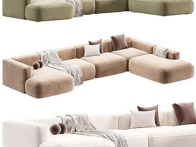 Stylish Sectional Sofas In Various Colors With Decorative Pillows And Soft Blankets 3d model