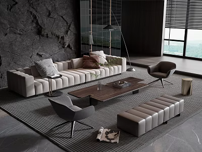 Modern Beige Sofa Coffee Table Set With Throw Pillows Gray Chairs And Bench 3d model