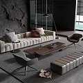 Modern Beige Sofa Coffee Table Set With Throw Pillows Gray Chairs And Bench 3d model