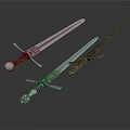 Medieval Weapons Display Featuring Three Swords Of Different Styles With Ornate Hilts And Polished Blades