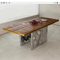 Natural Wood Top Dining Table With Red Grapes White Item Unique Metal Base In Modern Setting