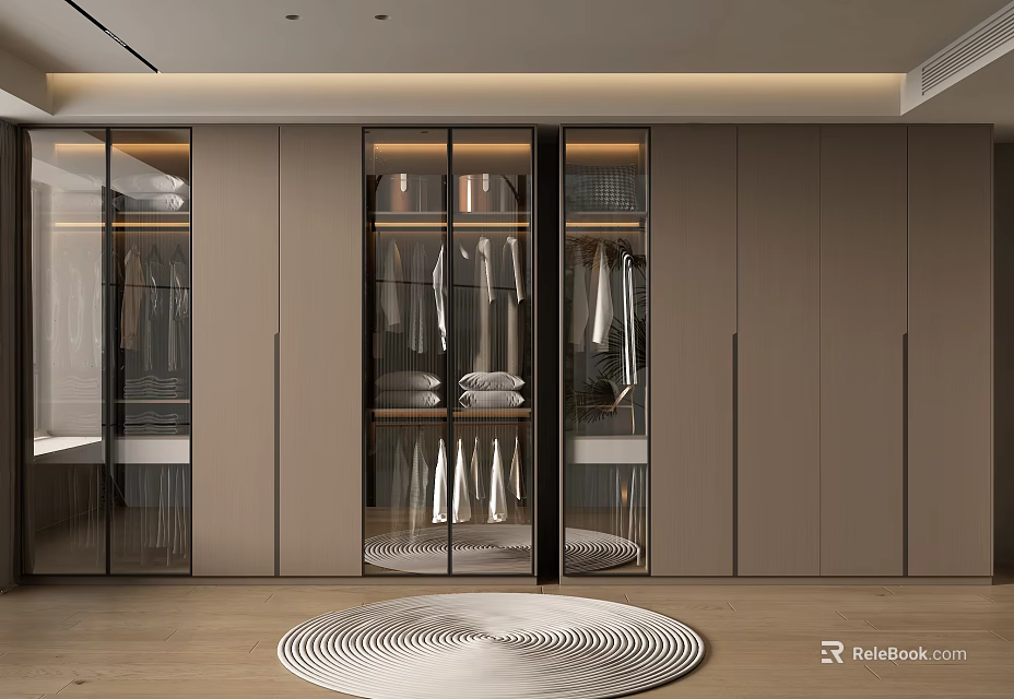 Modern Walk in Closet Interior Design With Glass Door Cabinets And Hanging Clothes 3d model 