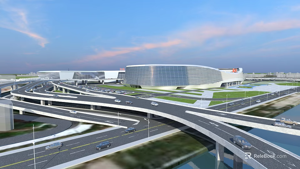 Modern Interchange Bridge With Multiple Road Levels Vehicles And Modern Building Background Under Open Sky 3d model 