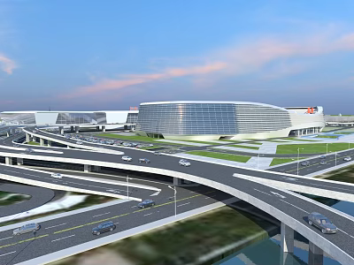 Modern Interchange Bridge With Multiple Road Levels Vehicles And Modern Building Background Under Open Sky 3d model