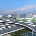Modern Interchange Bridge With Multiple Road Levels Vehicles And Modern Building Background Under Open Sky 3d model