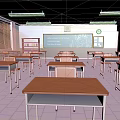 School Classroom Interior With Wooden Desks Chairs Blackboard Windows And Ceiling Lights