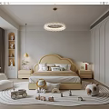 Warm Modern Kids Room Interior With Cloud Bed Toys Soft Rug And Bookshelves