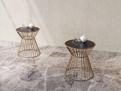 Modern Side Tables With Gold Metal Frame And Black Tabletop On Marble Floor 3d model