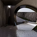 Modern Garden Landscape Featuring Curved Entrance Sculpted Pine Trees And Water Surface