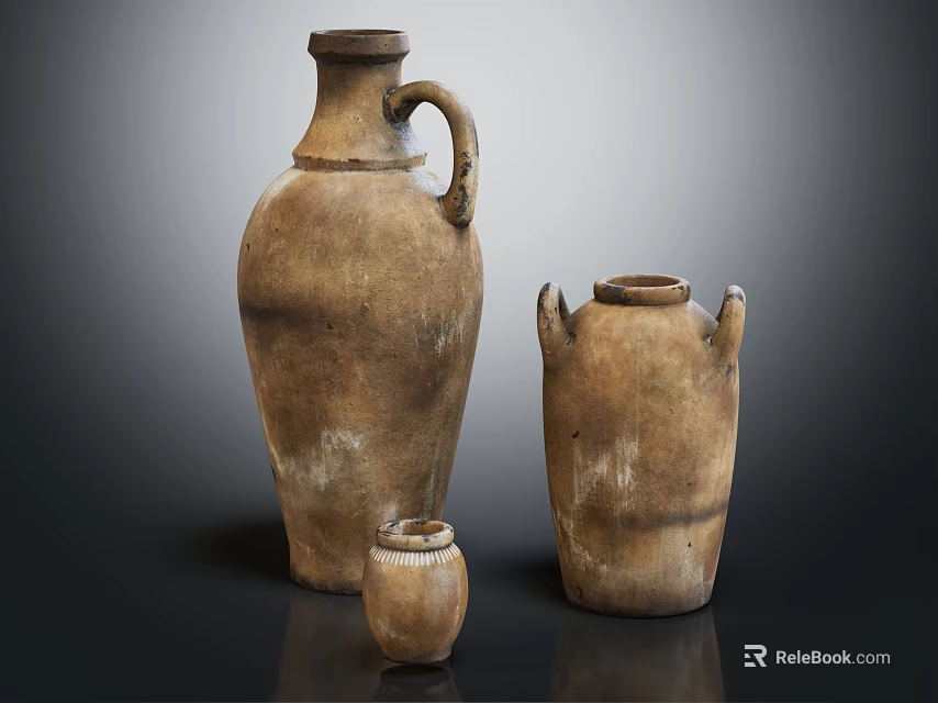 Vintage Clay Pots Collection With Various Sizes And Handles On Dark Surface 3d model 