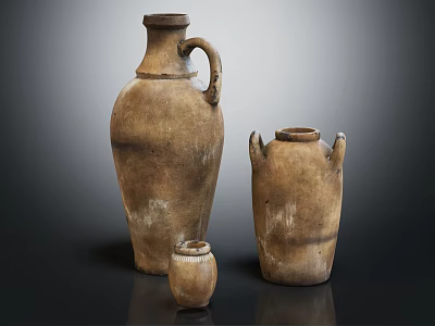 Vintage Clay Pots Collection With Various Sizes And Handles On Dark Surface 3d model
