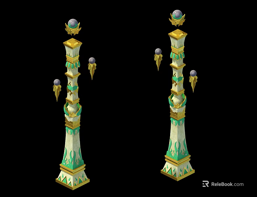 Ornate Decorative Columns With Green And Gold Accents Spherical Top Ornaments And Hanging Pendants 3d model 