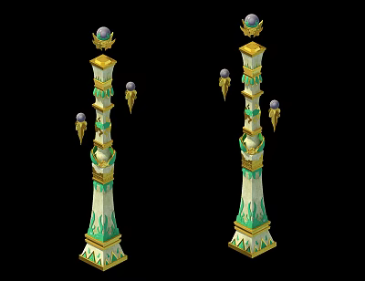 Ornate Decorative Columns With Green And Gold Accents Spherical Top Ornaments And Hanging Pendants 3d model