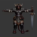 Fantasy Horned Demon Warrior In Battle Armor Holding Sword With Tail Standing Pose