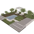 Tranquil Outdoor Garden Landscape with Pool Wooden Deck and Sun Loungers