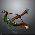 Fantasy Wooden Bow Weapon With Red String Green Leaves Blue Gems And Silver Arrow