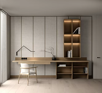 Modern Desk and Chair Combination Bookcase Study Desk Bookcase Single Chair Table Lamp Book Desktop Decoration 3d model