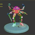 Detailed 3D Robot Character With Multiple Limbs Holding Sword On Blue Base