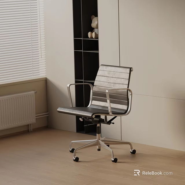 Modern Gray Leather Office Chair with Metal Frame Armrests and Swivel Wheels 3d model 