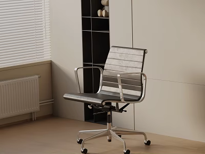Modern Gray Leather Office Chair with Metal Frame Armrests and Swivel Wheels 3d model