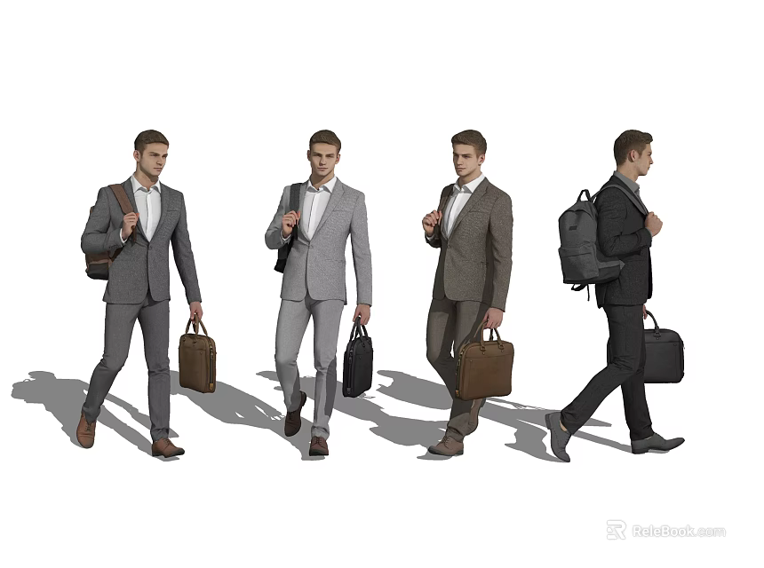 Group of Business Men in Suits Carrying Briefcases and Backpacks Walking 3d model 