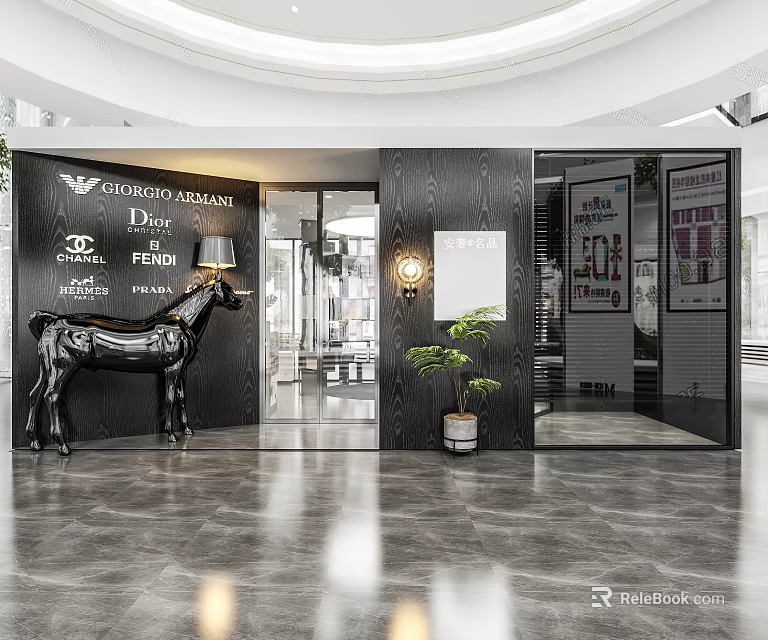 Modern Luxury Brand Store with Giorgio Armani Dior Chanel Fendi Black Horse Sculpture and Marble Floor 3d model 