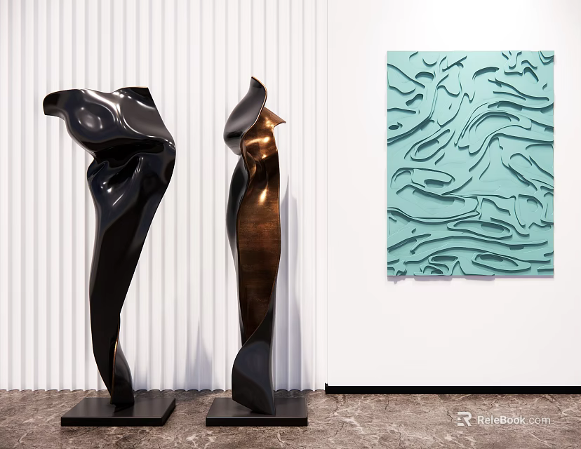 Abstract Black And Bronze Sculptures With Turquoise Wall Relief Carving In Modern Gallery 3d model 