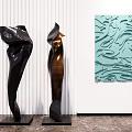 Abstract Black And Bronze Sculptures With Turquoise Wall Relief Carving In Modern Gallery