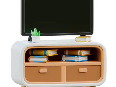 Modern TV Stand with TV Small Green Plant Books on Top and Two Brown Drawers 3d model
