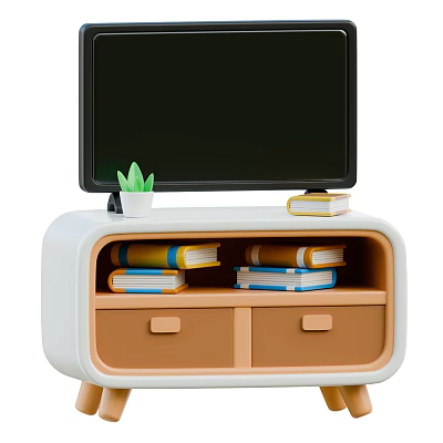 Modern TV Stand with TV Small Green Plant Books on Top and Two Brown Drawers 3d model