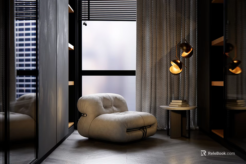 Modern Comfortable Armchair in Beige Velvet with Side Table Books and Floor Lamp Near Window 3d model 
