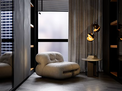 Modern Comfortable Armchair in Beige Velvet with Side Table Books and Floor Lamp Near Window 3d model