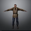 Male Character Wearing Brown Coat Blue Pants Brown Boots With Arms Outstretched Against Gray Background