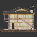 Cartoon Style Two Story House 3D Model with Gray Roof Yellow Walls and Green Lawn