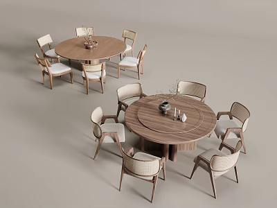 Modern Round Wooden Dining Table Set With Six Upholstered Chairs And Centerpiece Decoration 3d model
